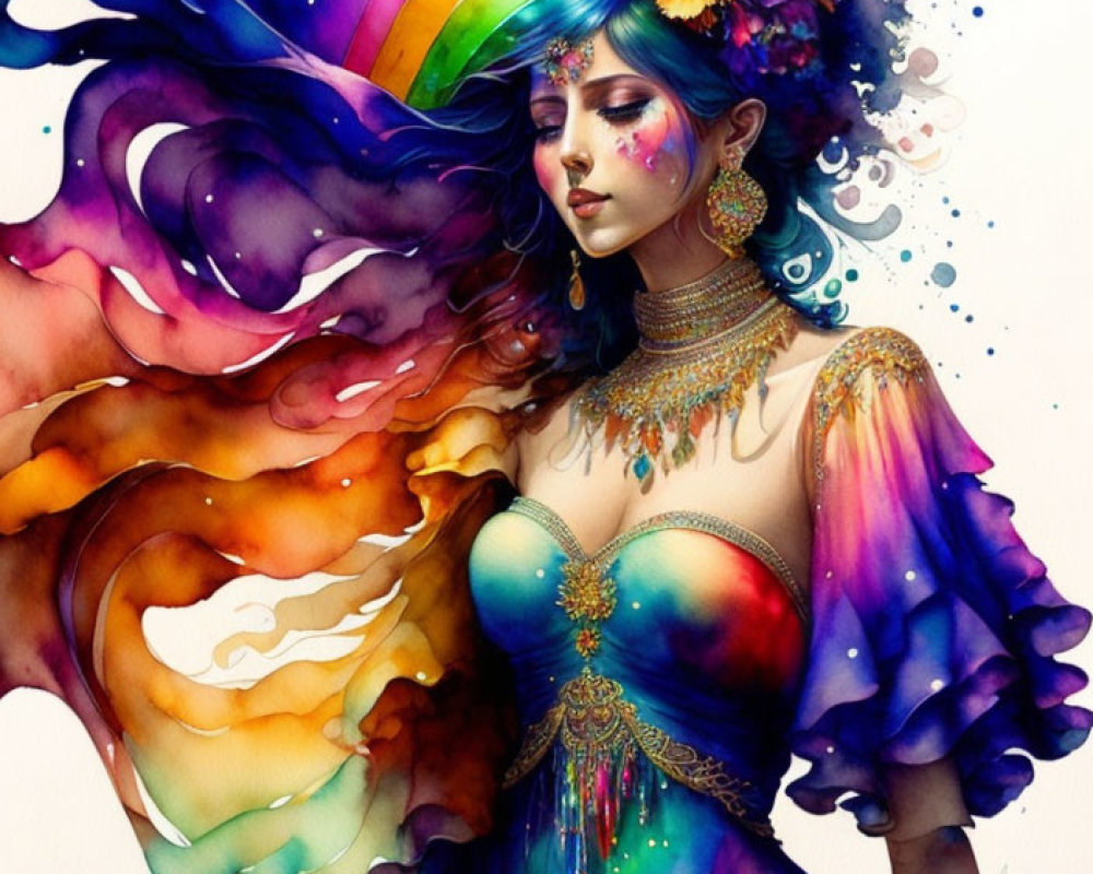 Colorful portrait of a woman with rainbow hair and elegant attire