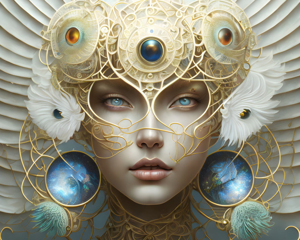 Fantastical portrait with ornate gold filigree and celestial eyes on white feathered backdrop