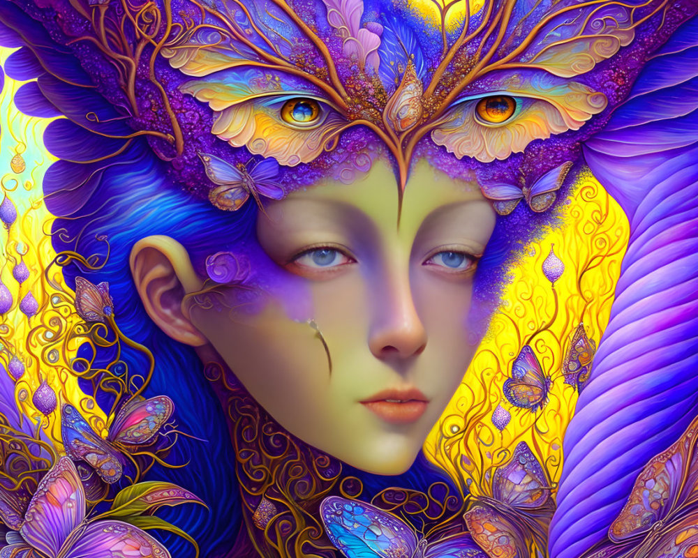 Surreal face illustration with purple and yellow hues and butterfly motifs