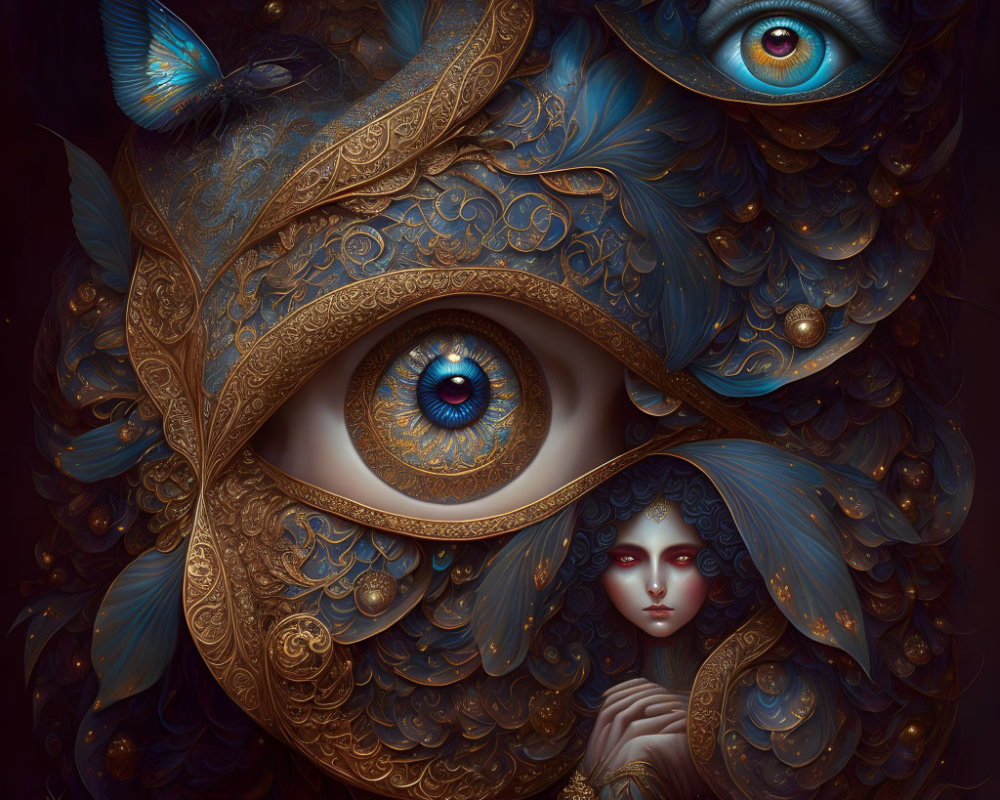 Surreal Artwork with Eye Patterns, Blue Eyes, Butterfly, and Pale Figure