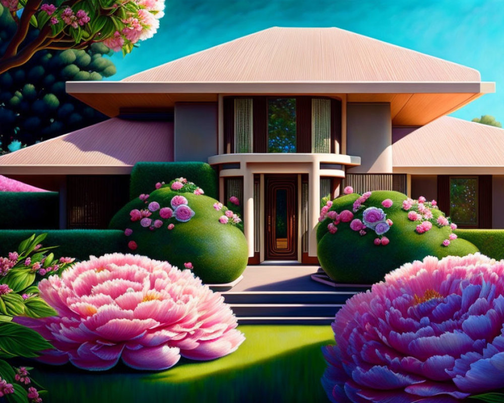 Vibrant modern house illustration with unique petal-like roof and pink flowers