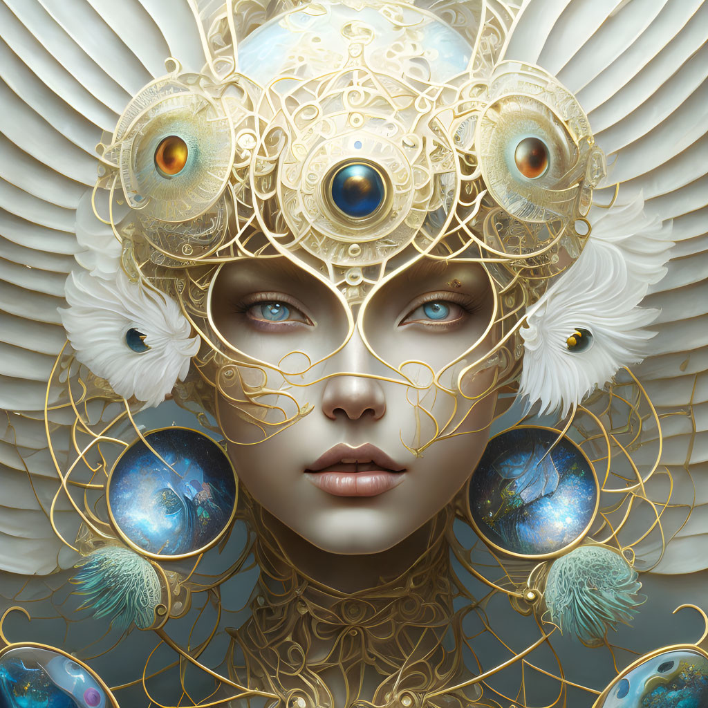 Fantastical portrait with ornate gold filigree and celestial eyes on white feathered backdrop