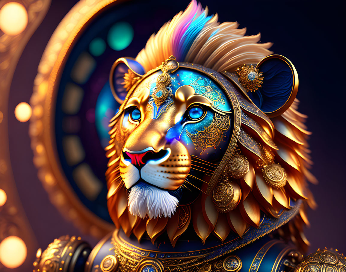 Lion with Golden Armor and Vibrant Colors