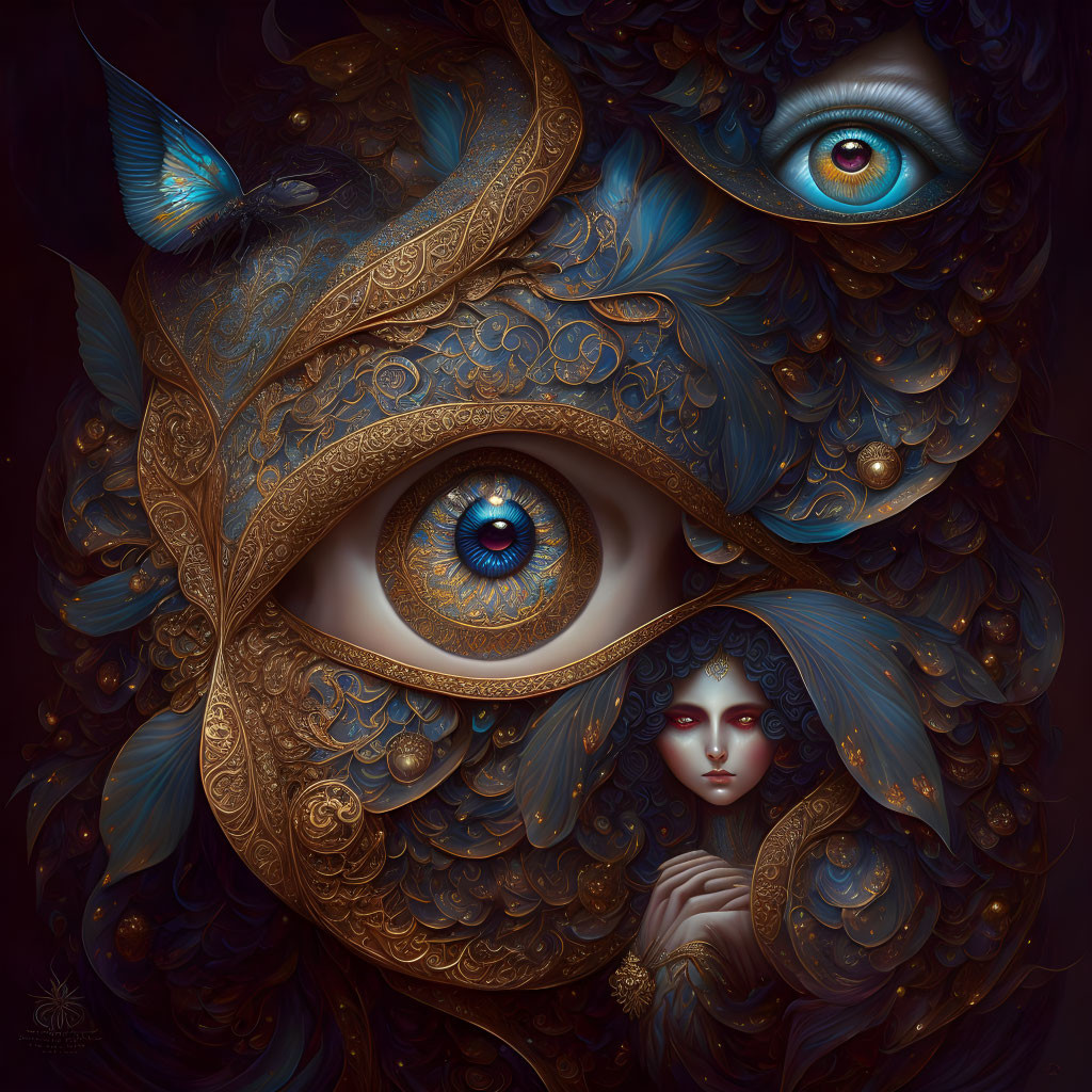 Surreal Artwork with Eye Patterns, Blue Eyes, Butterfly, and Pale Figure