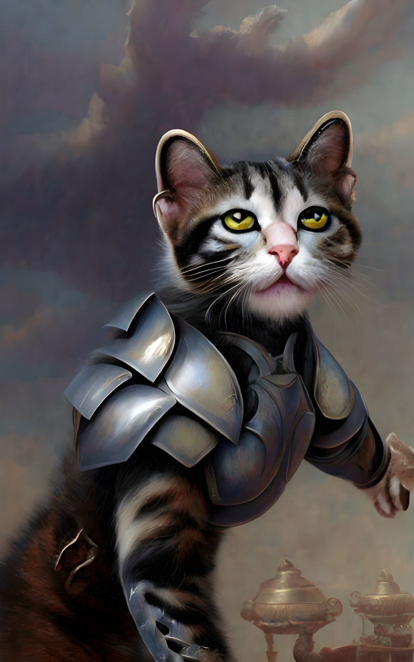 Whimsical cat in medieval armor against cloudy sky