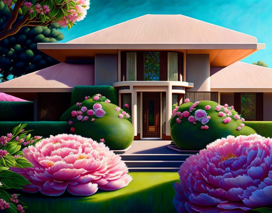 Vibrant modern house illustration with unique petal-like roof and pink flowers