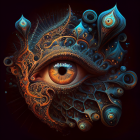 Surreal Artwork with Eye Patterns, Blue Eyes, Butterfly, and Pale Figure