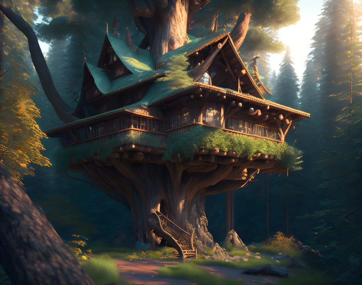 Enchanting multi-story treehouse in magical forest at sunset