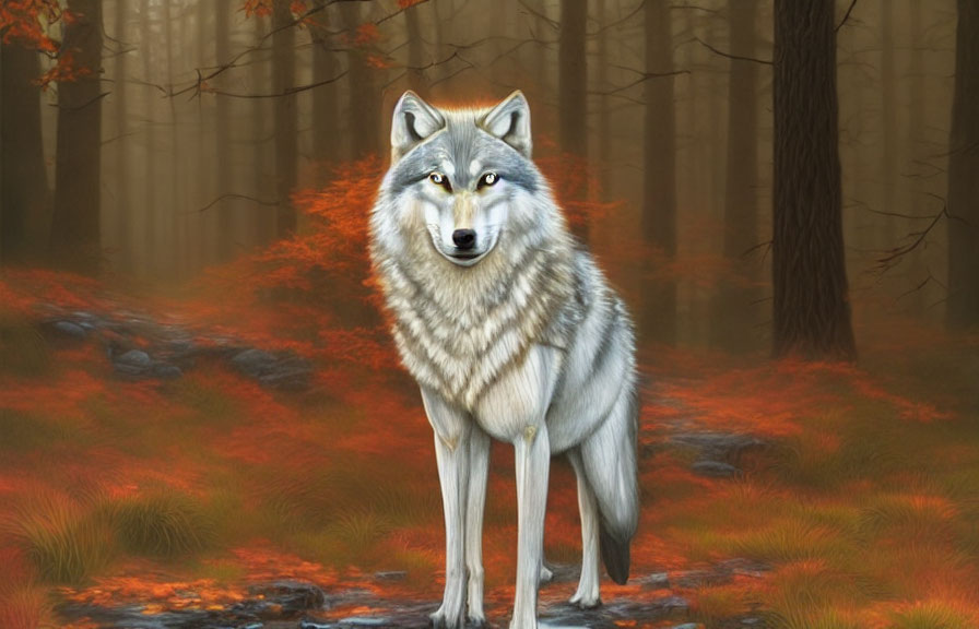 Realistic gray wolf in autumn forest with red foliage