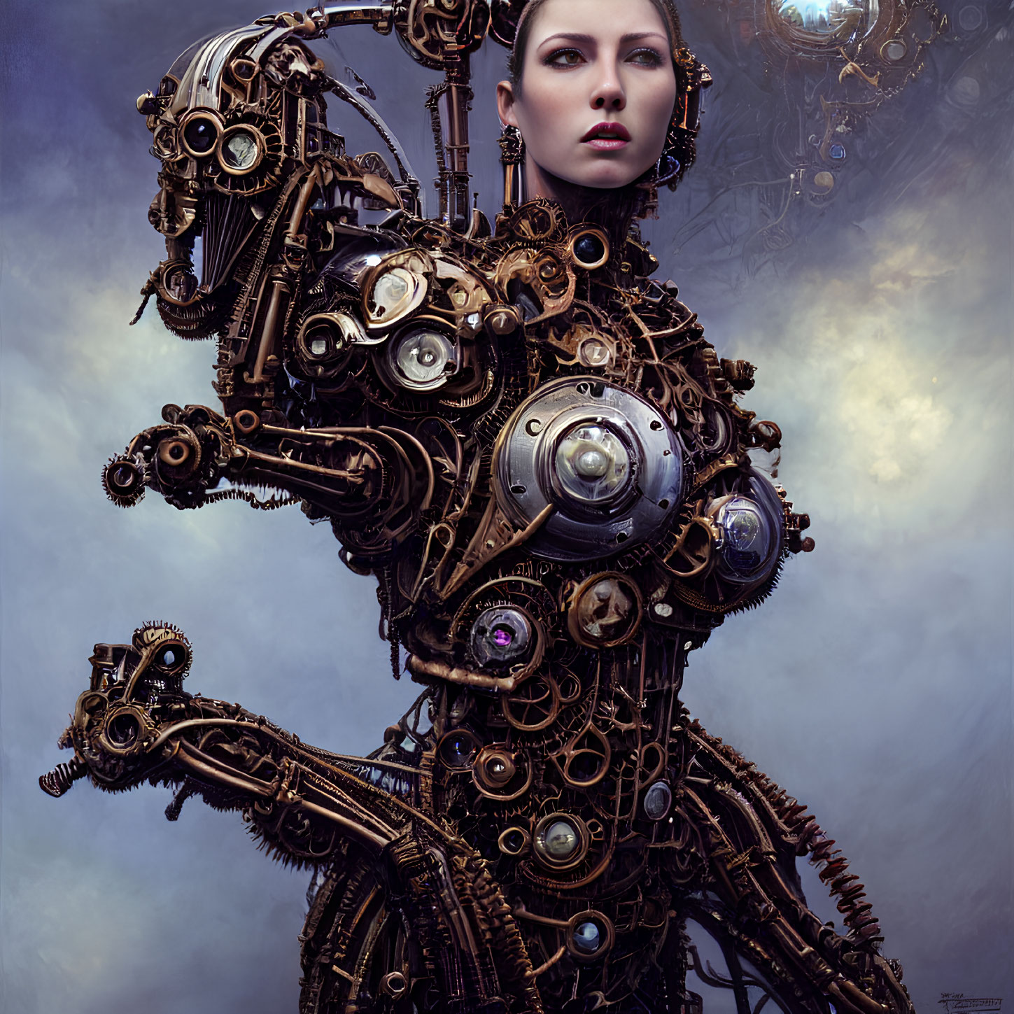 Steampunk-themed woman with mechanical body and gears on blue backdrop