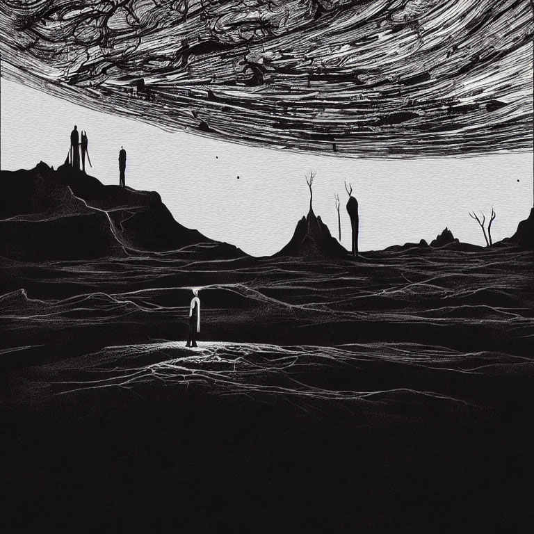 Monochrome artistic illustration of lone figure in desolate landscape