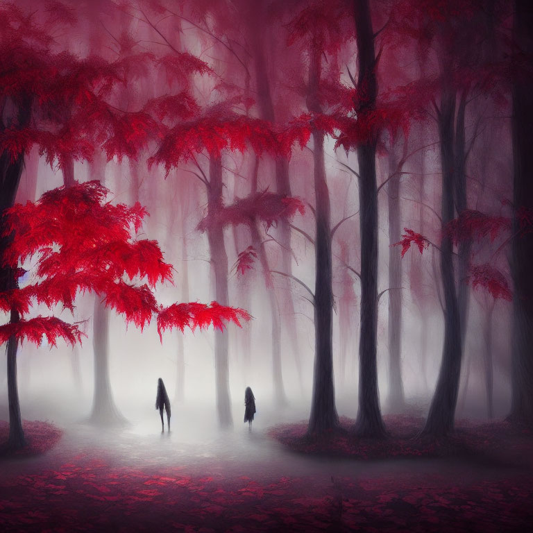 Enchanting forest scene with red leaves, mist, and silhouetted figures