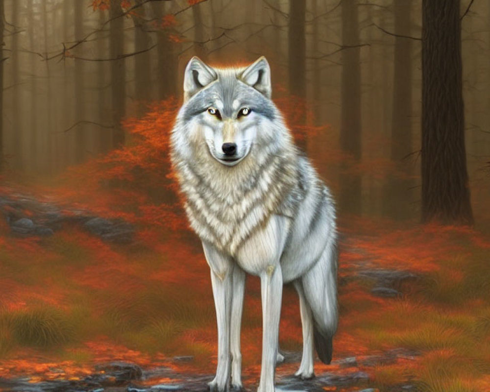 Realistic gray wolf in autumn forest with red foliage