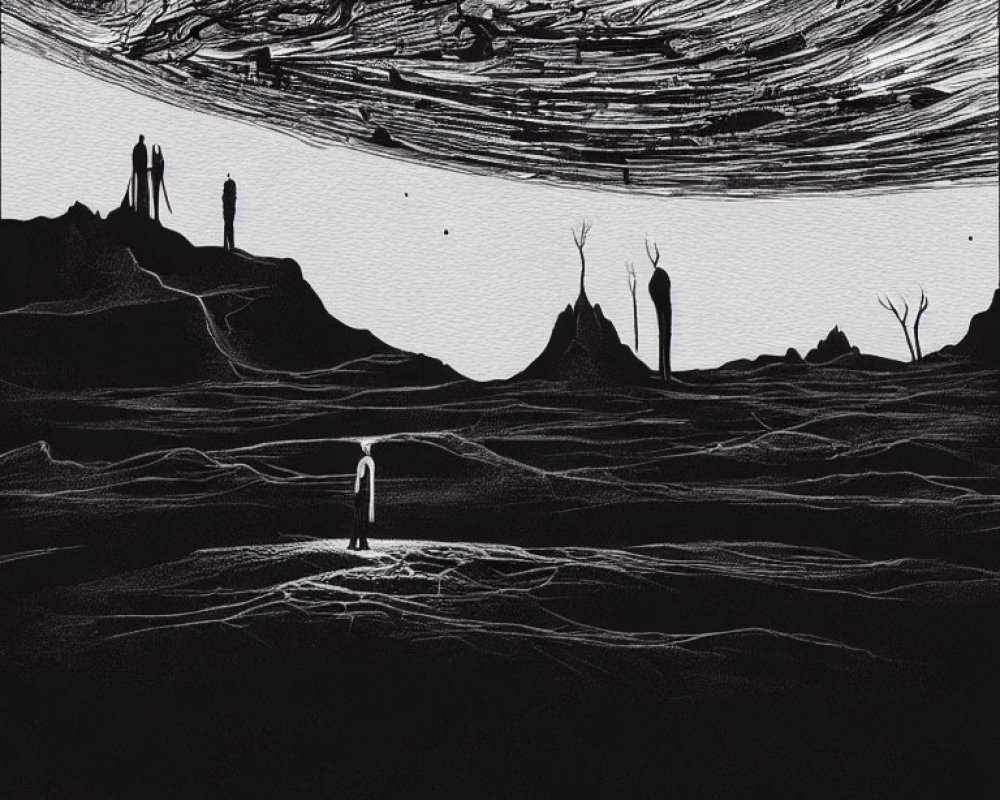 Monochrome artistic illustration of lone figure in desolate landscape