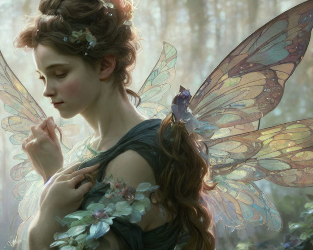 Delicate fairy with iridescent wings in enchanted forest