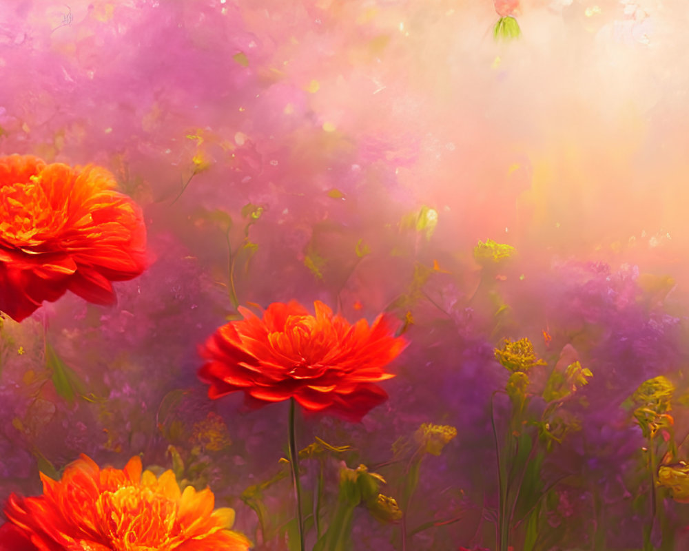 Vibrant orange-red flowers on soft, radiant purple-pink background