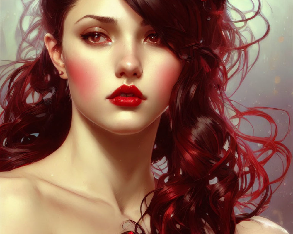 Portrait of woman with voluminous curly red hair and red butterfly accessory in soft-focus background