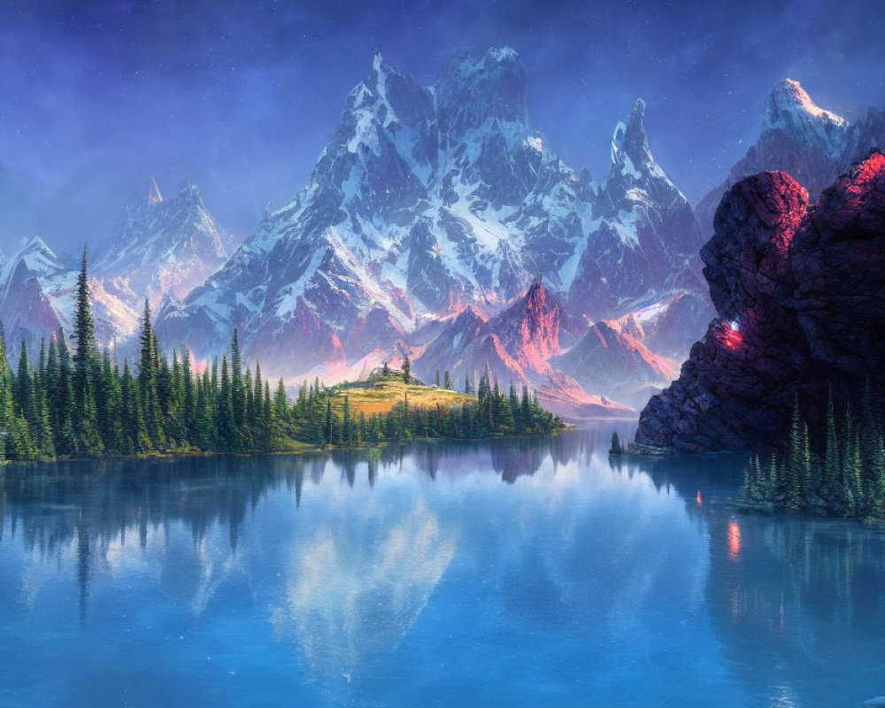 Tranquil Twilight Scene: Blue Lake, Pine Trees, Purple Mountains