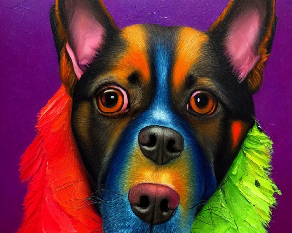 Colorful Close-Up Portrait of Multicolored Dog on Purple Background