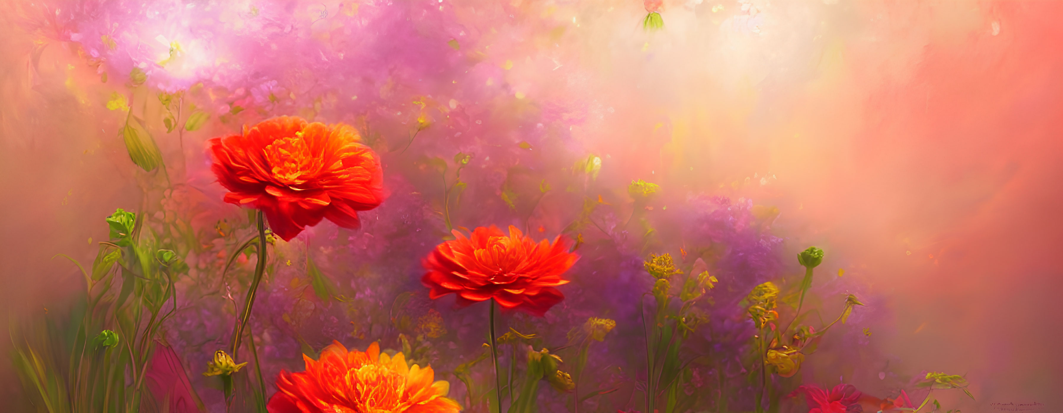Vibrant orange-red flowers on soft, radiant purple-pink background