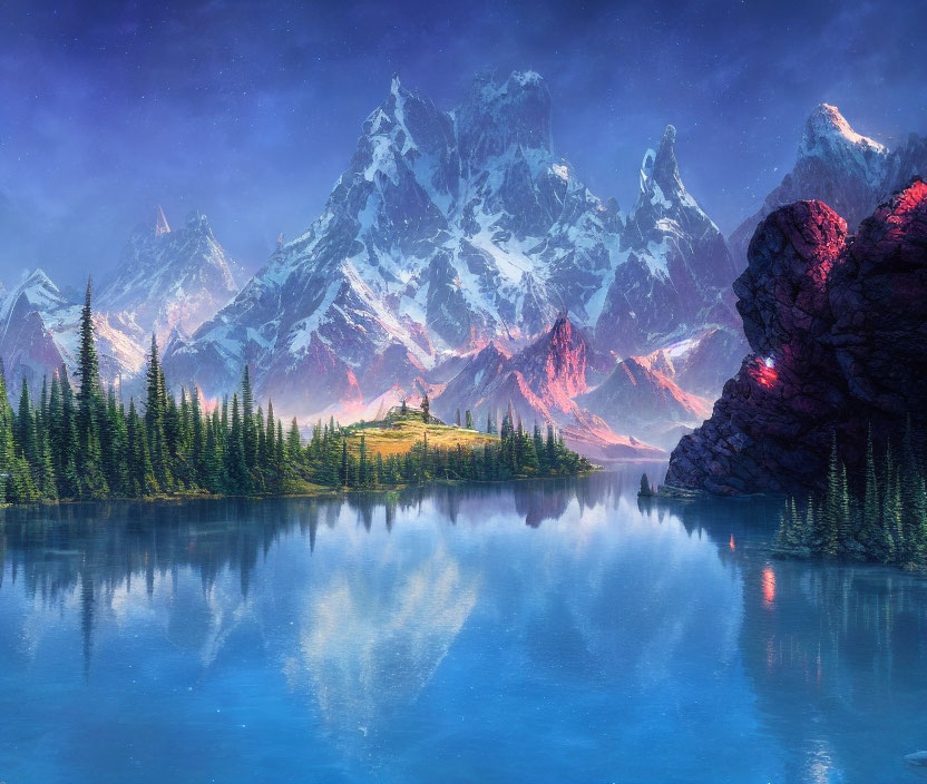 Tranquil Twilight Scene: Blue Lake, Pine Trees, Purple Mountains