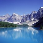 Tranquil Twilight Scene: Blue Lake, Pine Trees, Purple Mountains