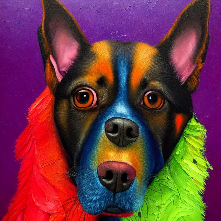 Colorful Close-Up Portrait of Multicolored Dog on Purple Background