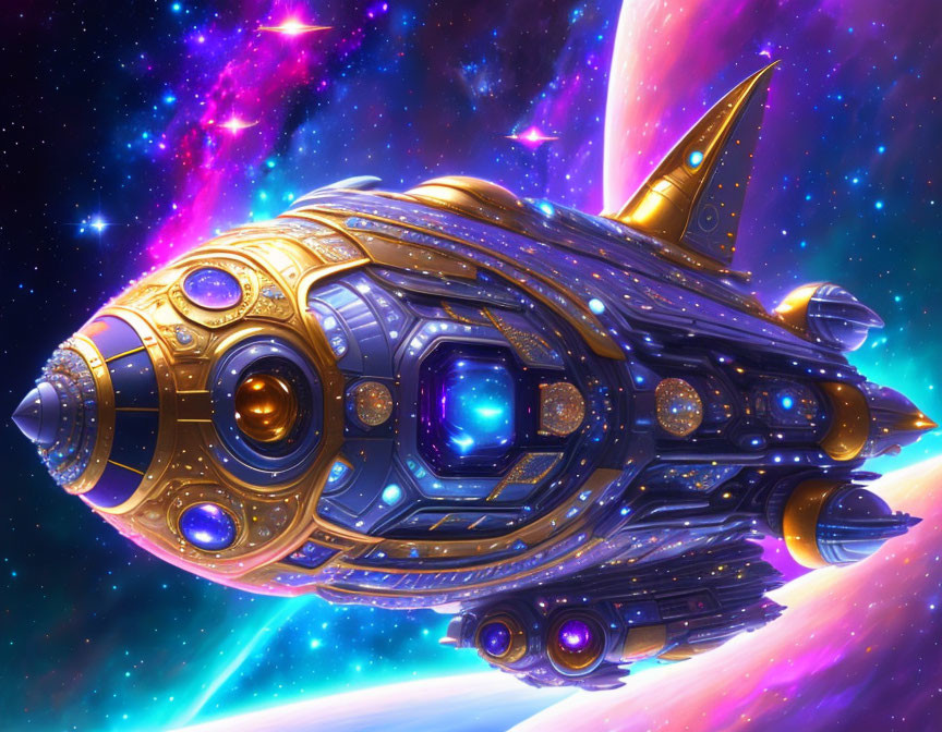 Detailed Golden Spaceship Traveling Through Colorful Cosmos with Nebulae