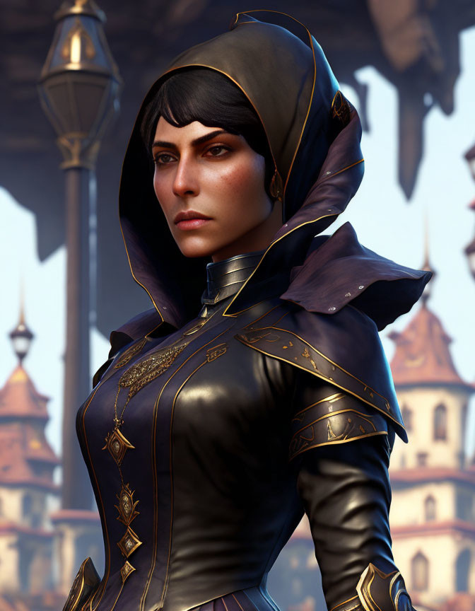 Dark-haired female character in black hooded garment with gold trim against fantasy cityscape.