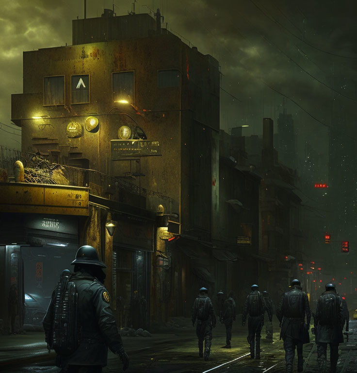 Armored figures in dystopian city street with neon signs