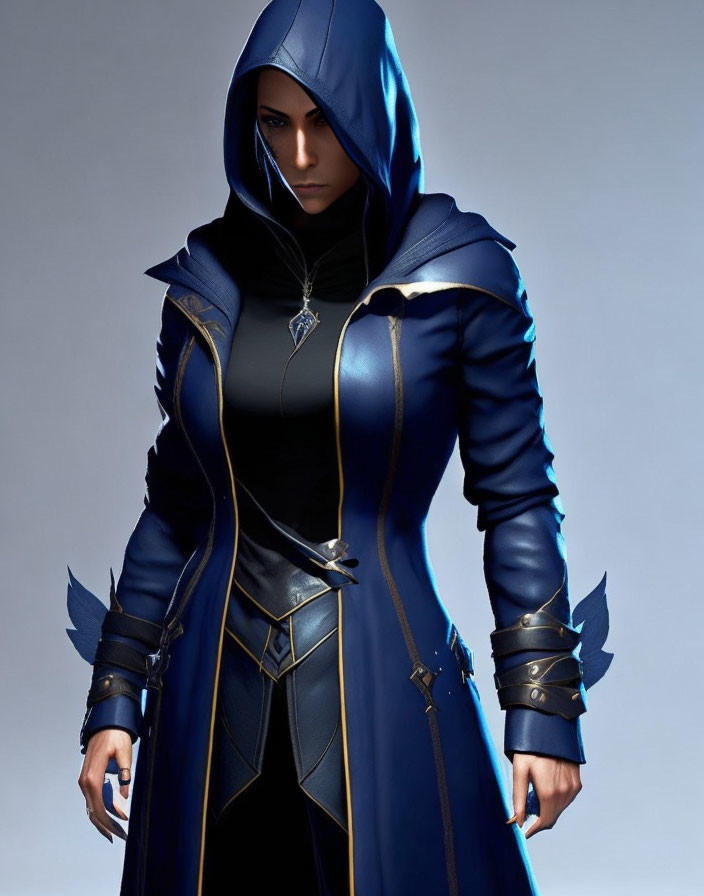 Blue hooded figure with armor-like details exudes mystery and power