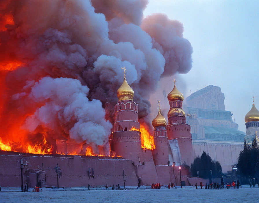 Historic fortress engulfed in massive fire with onion-domed towers and billowing smoke.