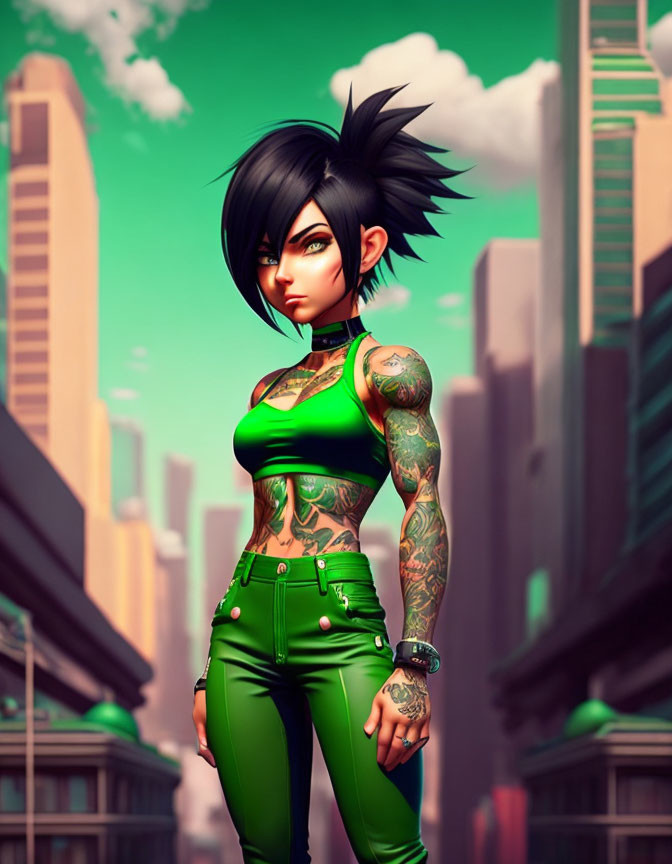 Stylized female character with black spiky hair, tattoos, green crop top, and pants