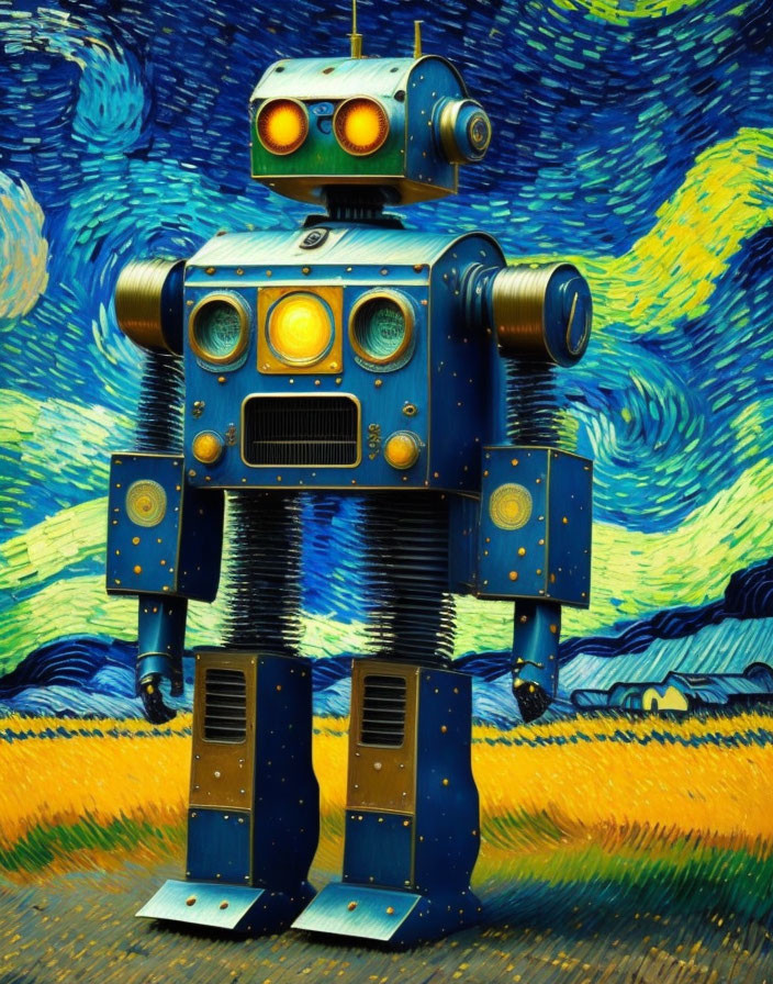 Vintage-Style Blue Robot in Van Gogh-Inspired Starry Wheat Field