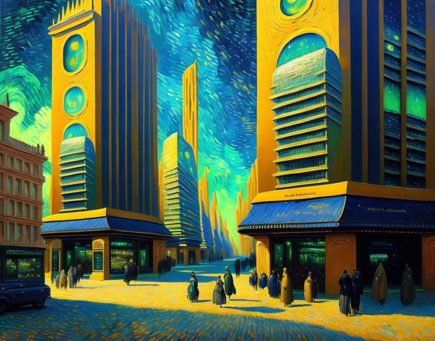 Colorful cityscape illustration with stylized buildings, pedestrians, and vintage cars under starry night sky