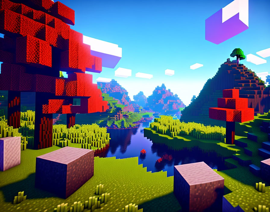 Colorful blocky landscape with river and mushroom-like trees under blue sky