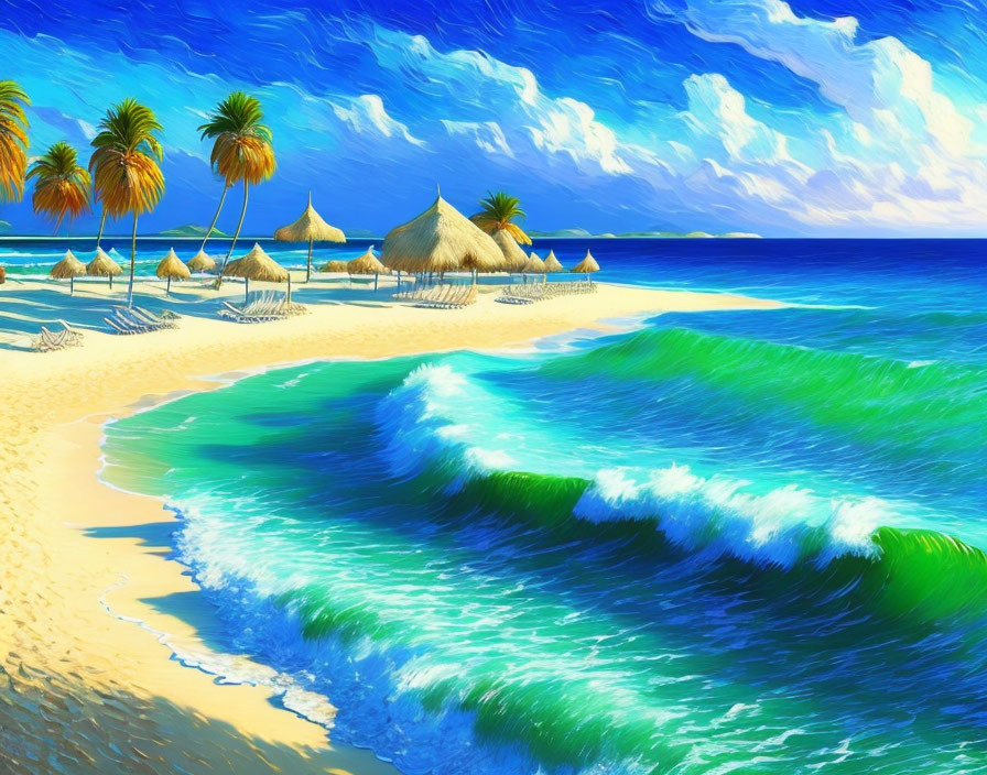 Tropical beach scene with turquoise waves and palm trees