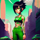 Stylized female character with black spiky hair, tattoos, green crop top, and pants