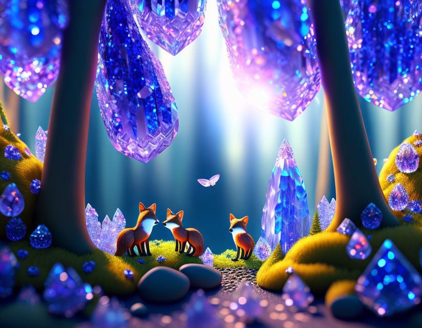 Enchanted forest with glowing crystals, foxes, butterflies, and mystical light