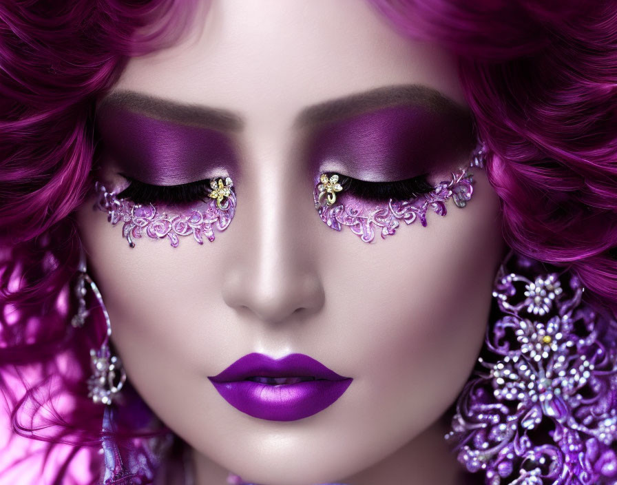 Vibrant Purple Makeup and Embellishments with Magenta Hair