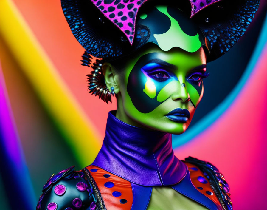 Colorful avant-garde makeup and costume on person with vibrant rainbow backdrop.