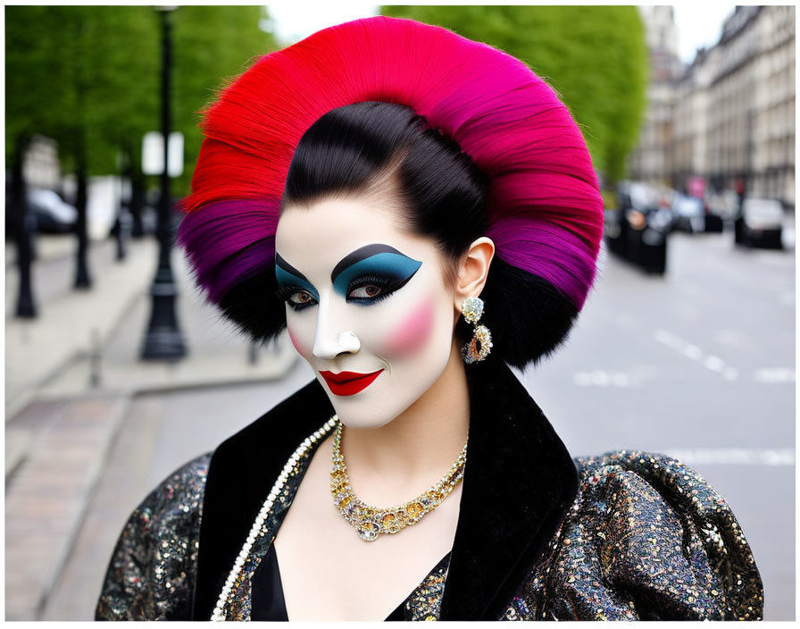 Person with Dramatic Red and Purple Mohawk, Blue Eyeshadow, Red Lips, Glitter