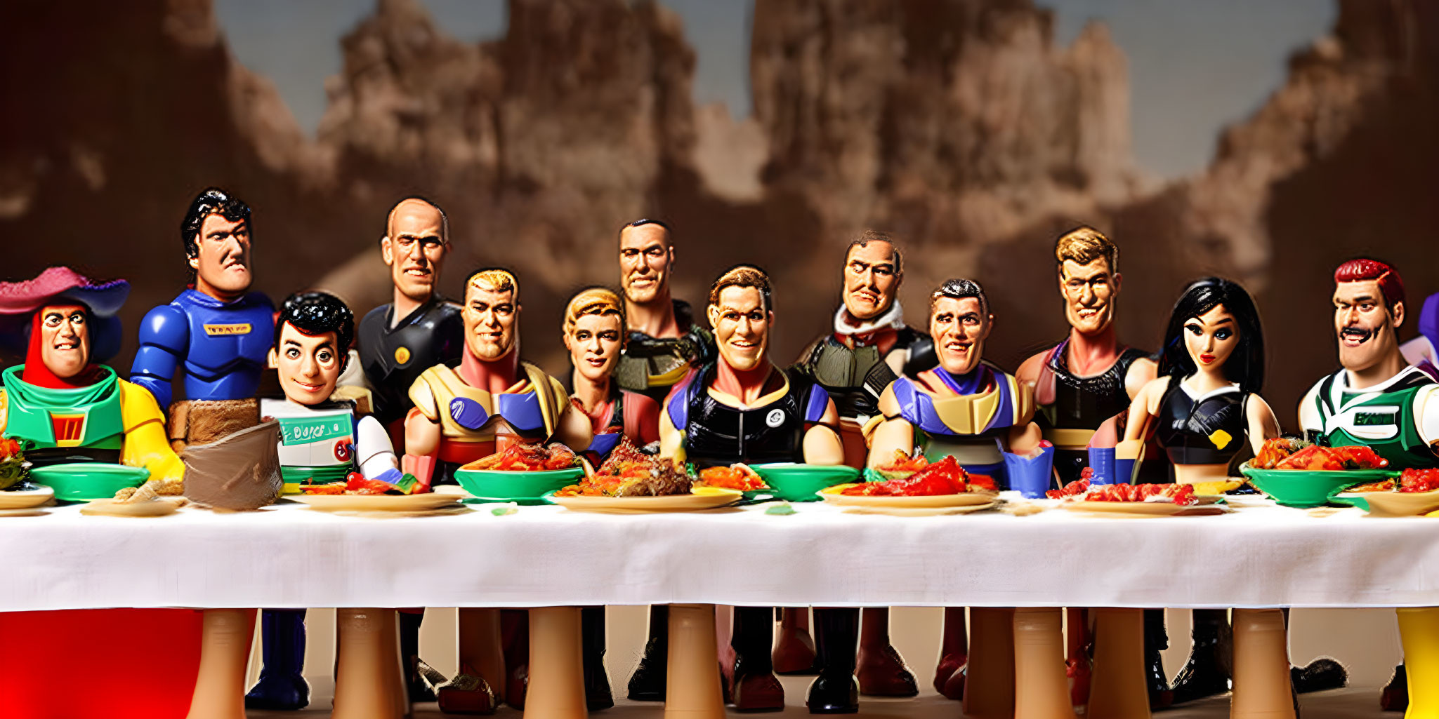 Superhero action figures dining at table with mountain backdrop