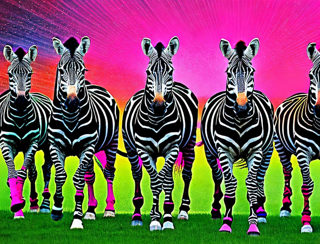 Five Zebras in Colorful Striped Socks on Pink and Green Background