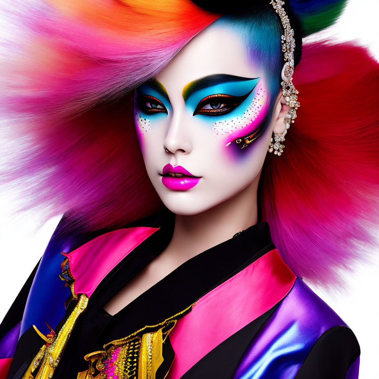 Colorful portrait of person with rainbow hair, blue eyeshadow, pink lips, and traditional attire