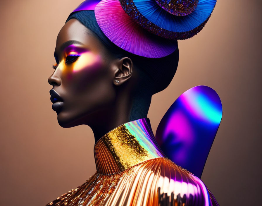 Woman with Avant-Garde Makeup and Metallic Fashion Accessories on Warm-Toned Background