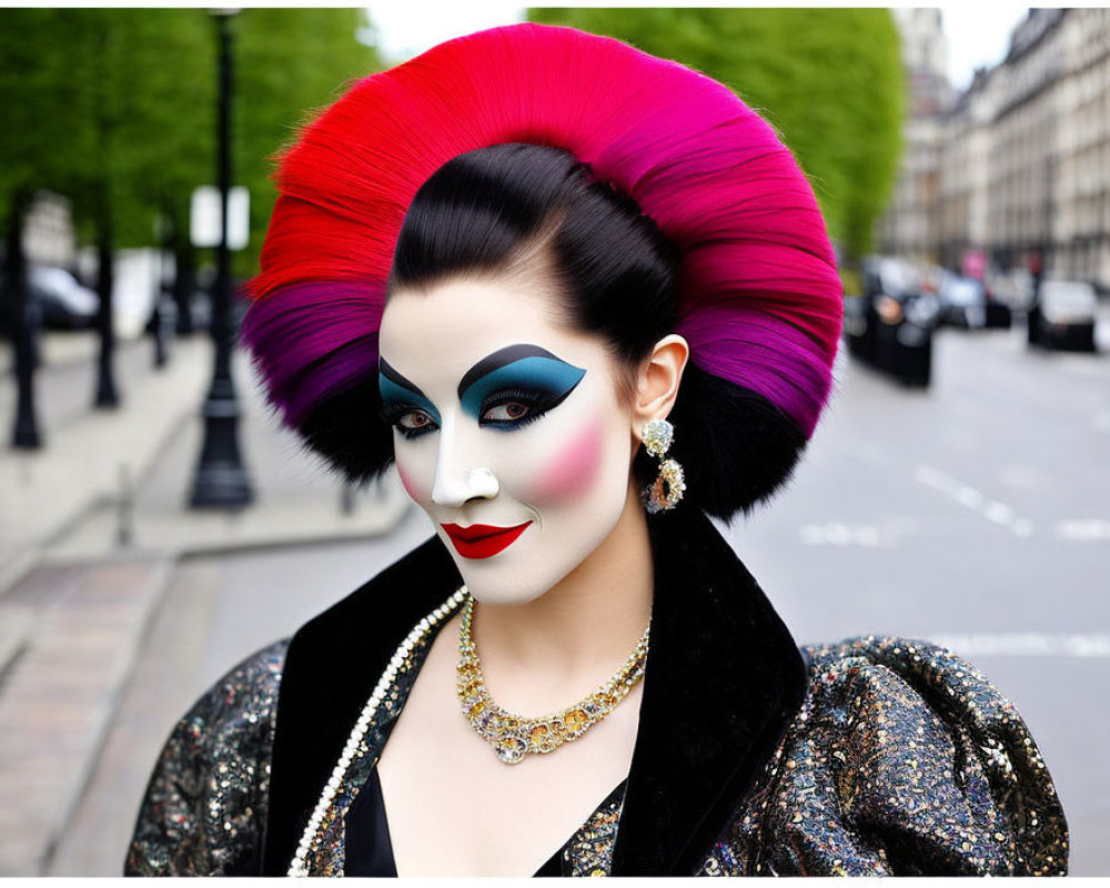 Person with Dramatic Red and Purple Mohawk, Blue Eyeshadow, Red Lips, Glitter