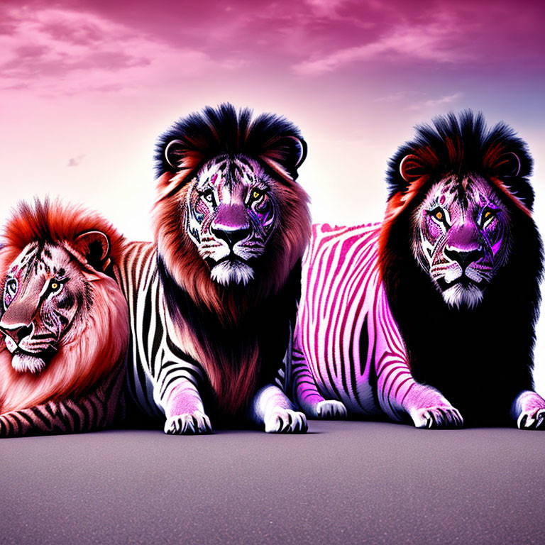 Colorful Zebra-Striped Lions in Purple Sky