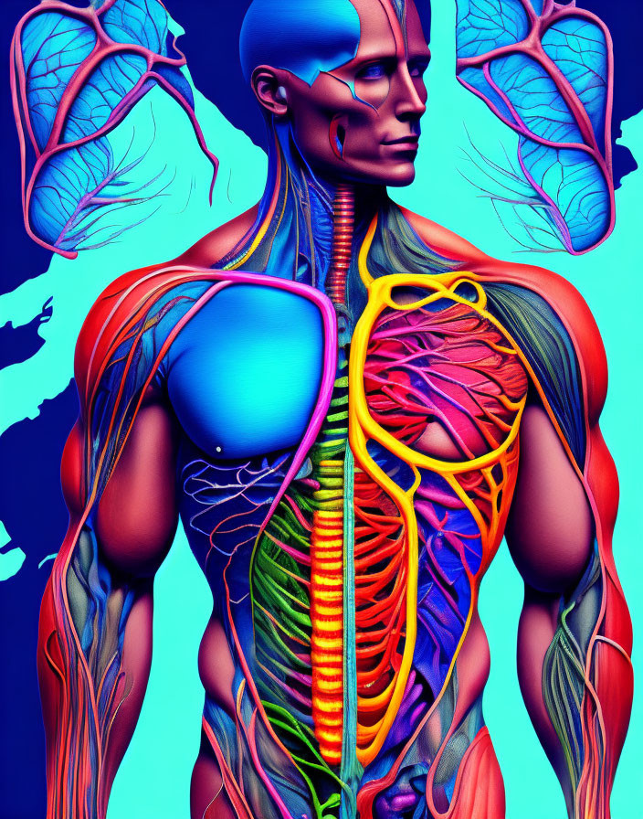 Detailed Human Anatomy Model Illustration on Blue Background