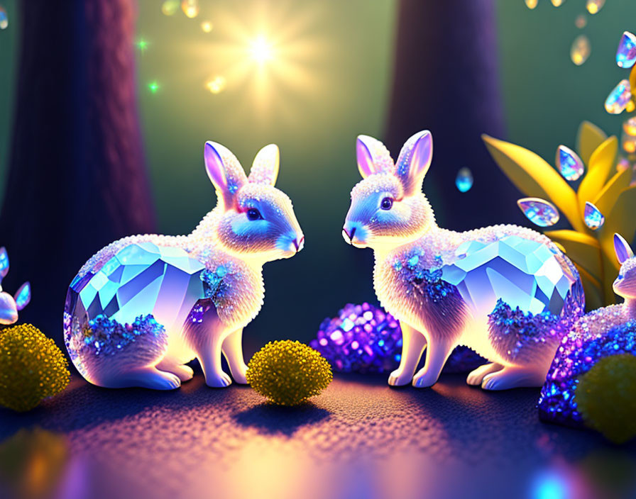 Glowing crystal rabbits in magical forest with sparkling textures